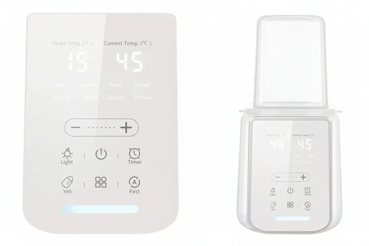 Control panel with digital display and buttons on a white background