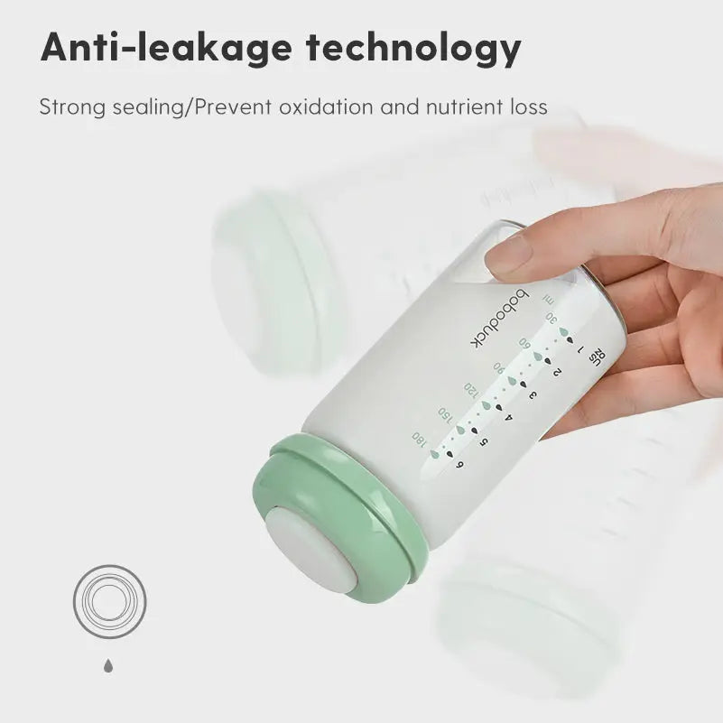 Hand holding an All-in-One Wide-Neck Glass Baby Milk Storage Bottle | Pump Directly into Bottle Store in Refrigrator and Feed Directly from Glass Bottle| BPA-Free | Glass Breas showcasing anti-leakage technology and strong sealing to prevent oxidation and nutrient loss.