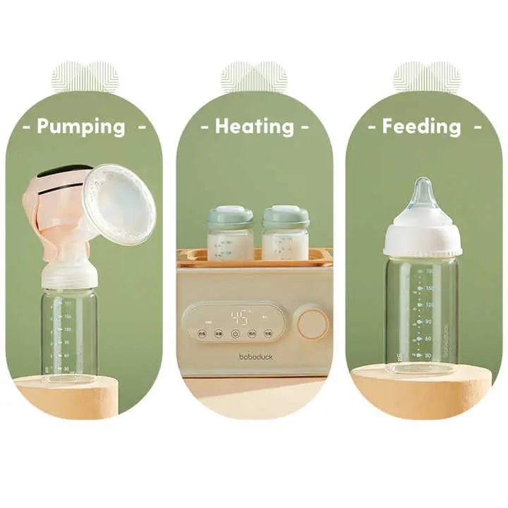 Image showing three stages of baby milk preparation with an All-in-One Wide-Neck Glass Baby Milk Storage Bottle | Pump Directly into Bottle Store in Refrigrator and Feed Directly from Glass Bottle| BPA-Free | Glass Breas: pumping milk into the wide-neck glass bottle, heating milk bottles on a warming device, and feeding with a nipple attached to the glass bottle.