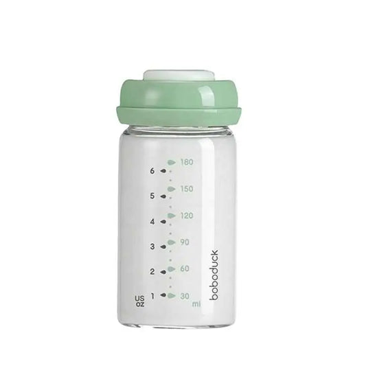 All-in-One Wide-Neck Glass Baby Milk Storage Bottle | Pump Directly into Bottle Store in Refrigrator and Feed Directly from Glass Bottle| BPA-Free | Glass Breas clear glass baby bottle with green wide-neck cap and measurement markings