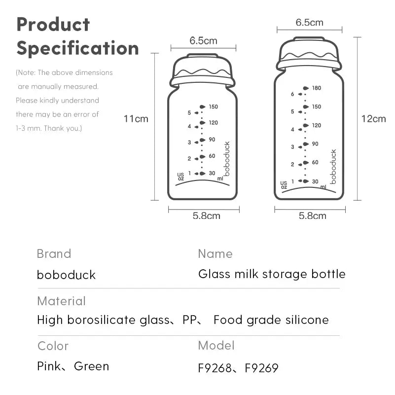 Diagram showing dimensions and specifications of an All-in-One Wide-Neck Glass Baby Milk Storage Bottle | Pump Directly into Bottle Store in Refrigrator and Feed Directly from Glass Bottle| BPA-Free | Glass Breas with height, width, material, color options, and measurement markings.