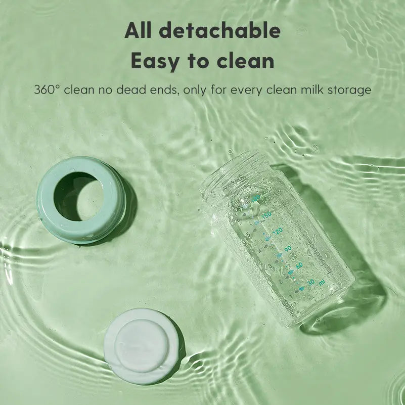All detachable parts of the All-in-One Wide-Neck Glass Baby Milk Storage Bottle | Pump Directly into Bottle Store in Refrigrator and Feed Directly from Glass Bottle| BPA-Free | Glass Breas shown separately on a green background with water ripples, highlighting easy cleaning.