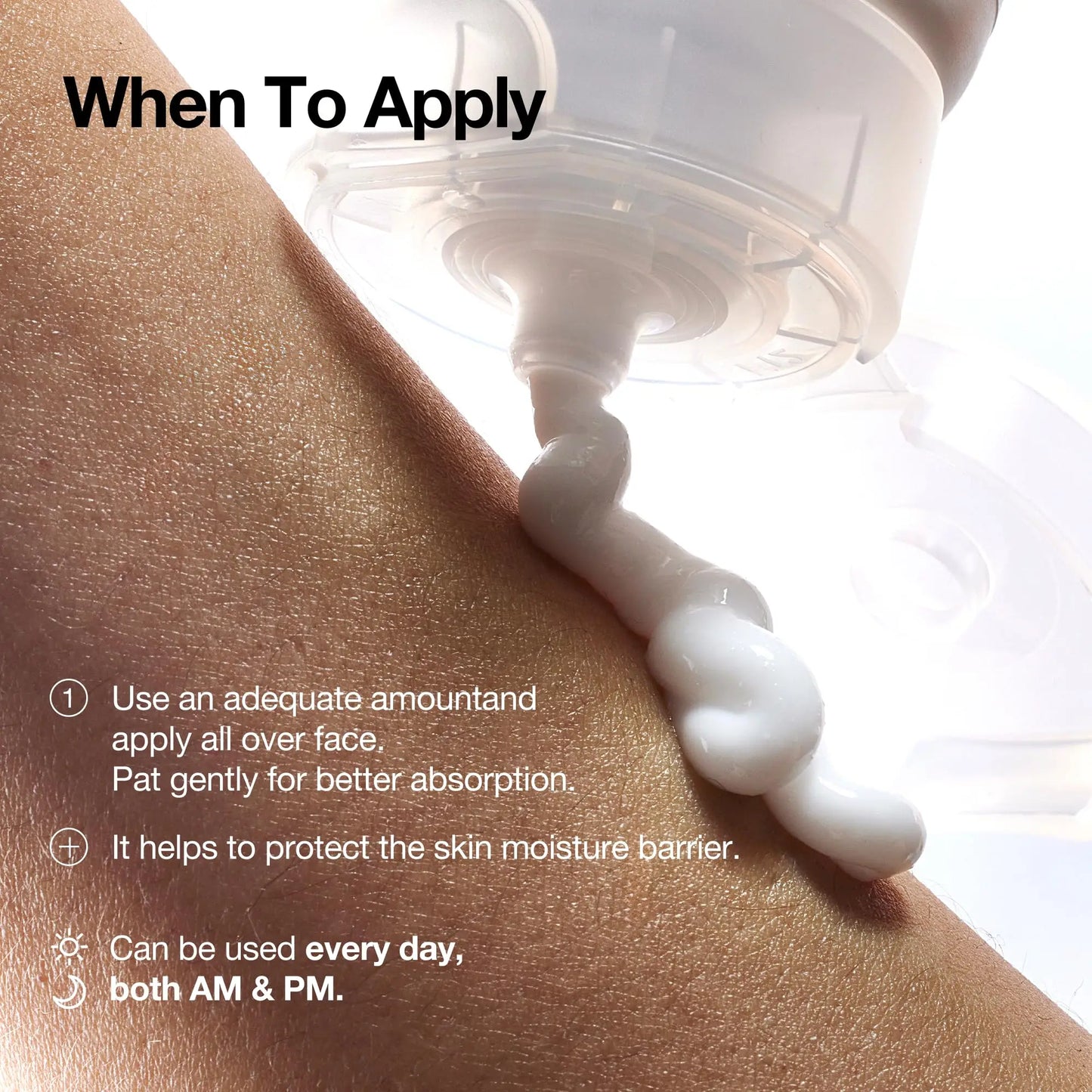 Anua 3 CERAMIDE PANTHENOL MOISTURE BARRIER CREAM 100ml being dispensed onto skin with instructions on daily use for face moisturizing and protection of the skin moisture barrier both AM and PM.