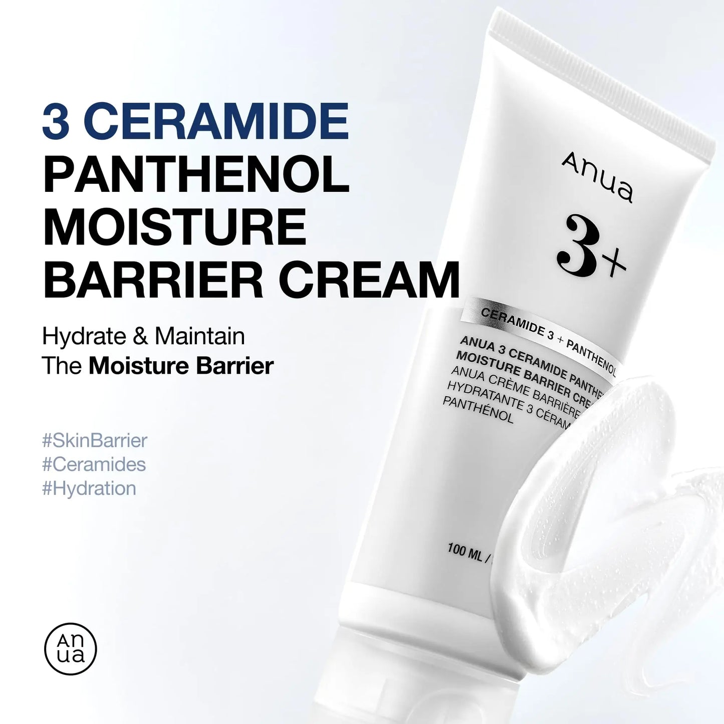 Anua 3 CERAMIDE PANTHENOL MOISTURE BARRIER CREAM 100ml tube with cream swatch highlighting hydration and skin barrier support.