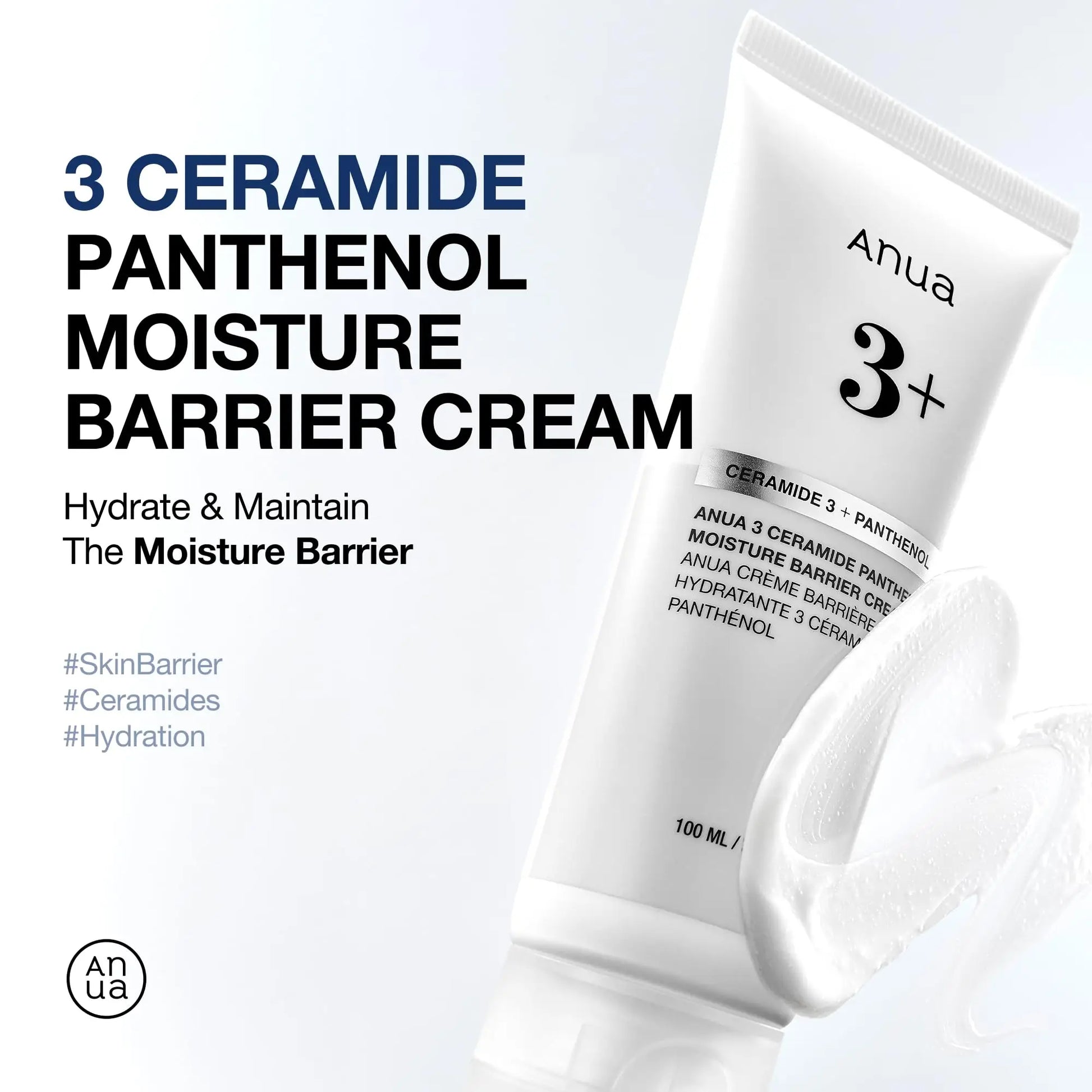 Anua 3 CERAMIDE PANTHENOL MOISTURE BARRIER CREAM 100ml tube with cream swatch highlighting hydration and skin barrier support.