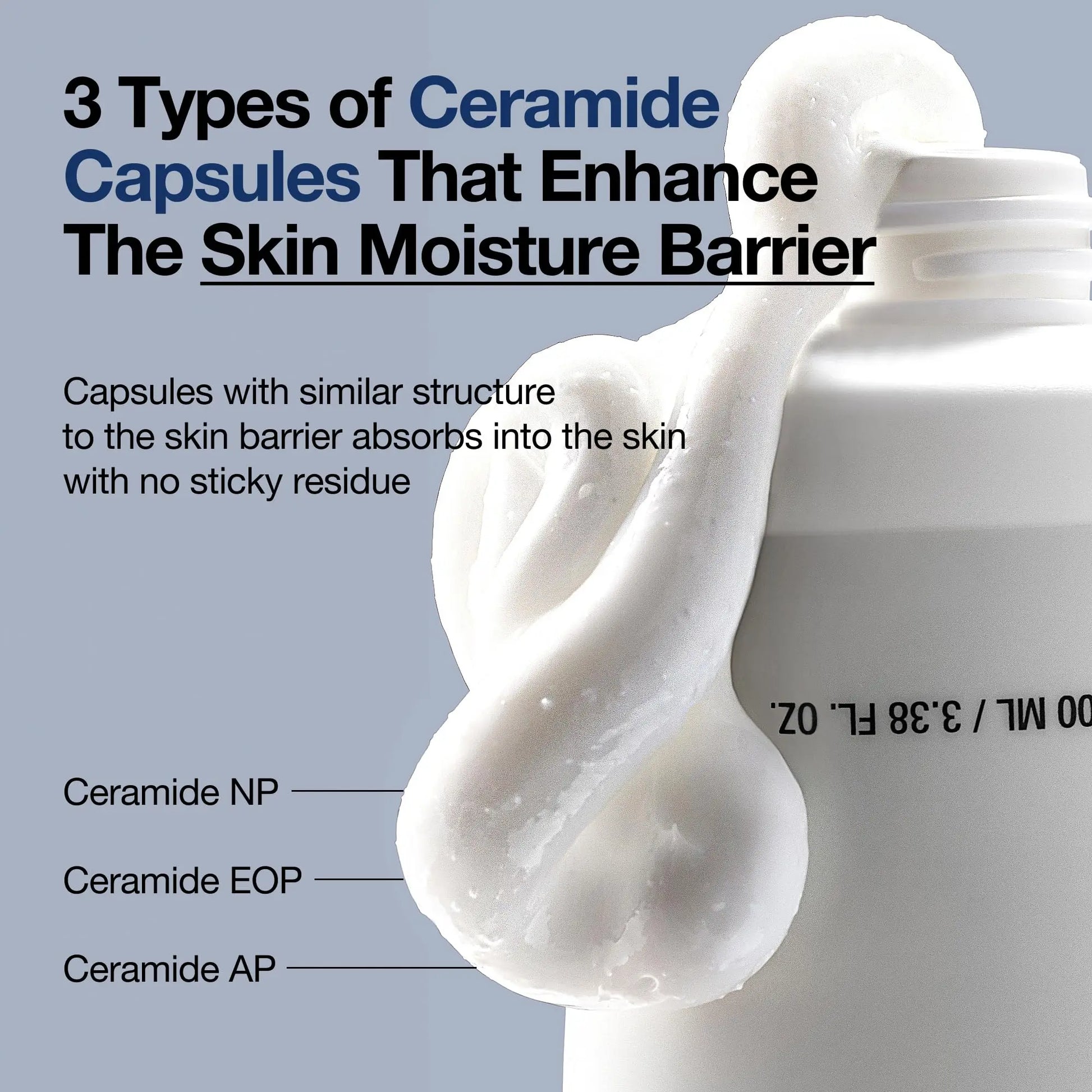 Close-up of white cream squeezed from a bottle alongside text describing 3 types of ceramide capsules—Ceramide NP, Ceramide EOP, Ceramide AP—that enhance the skin moisture barrier in Anua 3 CERAMIDE PANTHENOL MOISTURE BARRIER CREAM 100ml.
