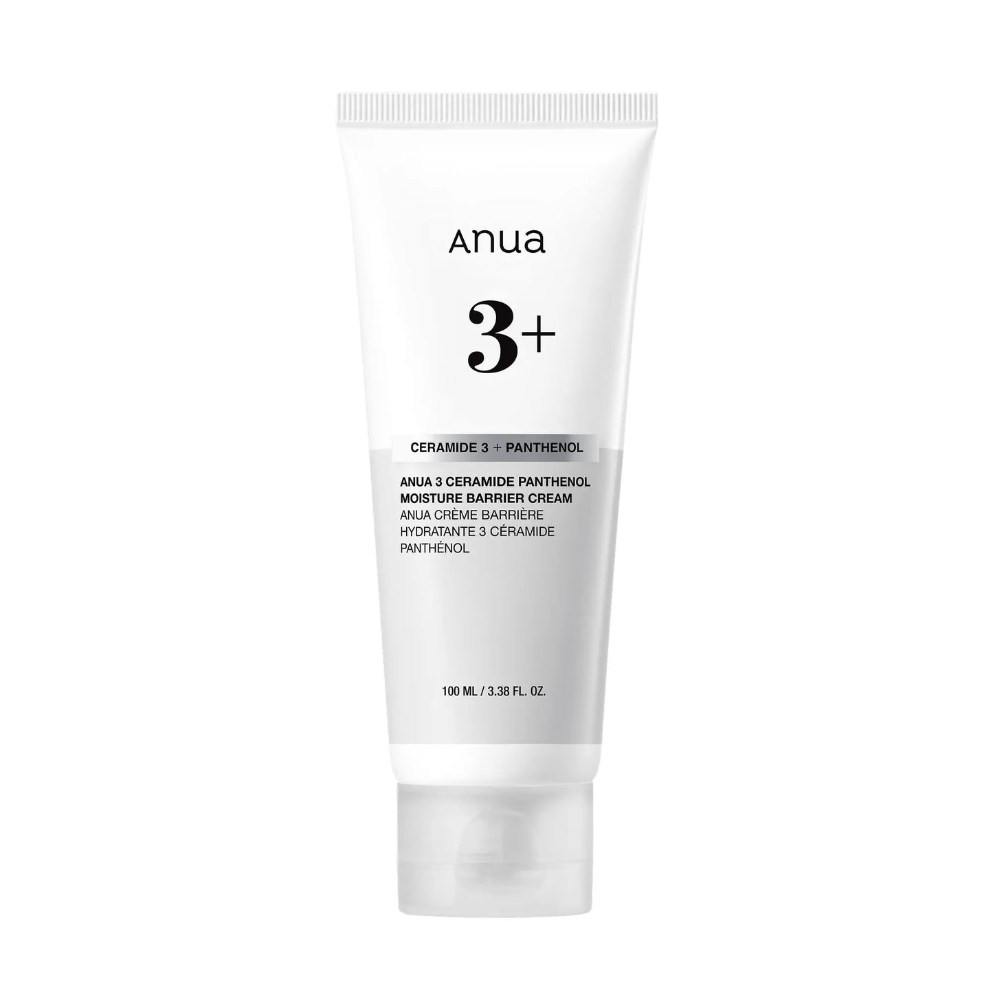 Anua 3 CERAMIDE PANTHENOL MOISTURE BARRIER CREAM 100ml in a white tube with black and gray text, designed for hydration and skin barrier protection.