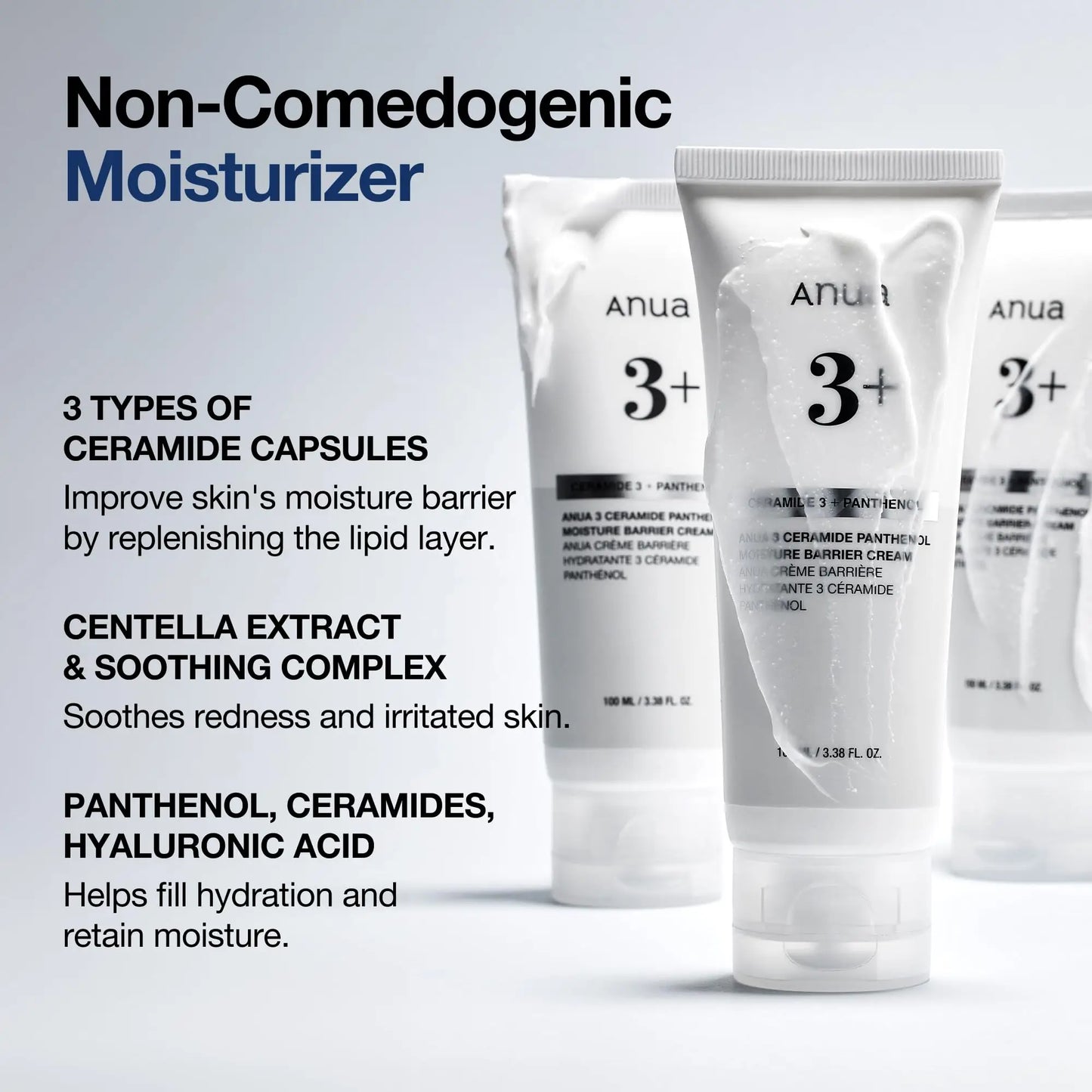 Anua 3 CERAMIDE PANTHENOL MOISTURE BARRIER CREAM 100ml tube with creamy texture shown, highlighting features like ceramide capsules, centella extract, panthenol, and hyaluronic acid for moisturizing and soothing skin.