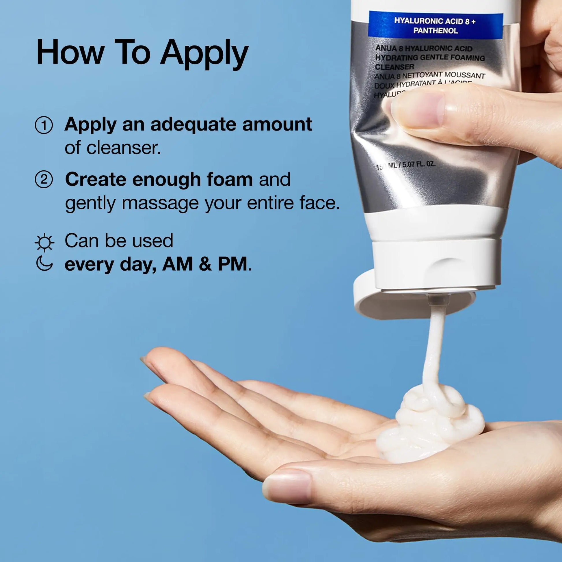 Tube of Anua 8 hyaluronic acid hydrating gentle foaming cleanser 150ml dispensing white foam onto a hand with application instructions on a blue background.