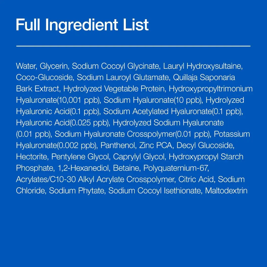 Full ingredient list of Anua 8 hyaluronic acid hydrating gentle foaming cleanser 150ml displayed on a blue background including water, glycerin, sodium cocoyl glycinate, hyaluronic acid variants, panthenol, zinc PCA, and other moisturizing and cleansing agents.