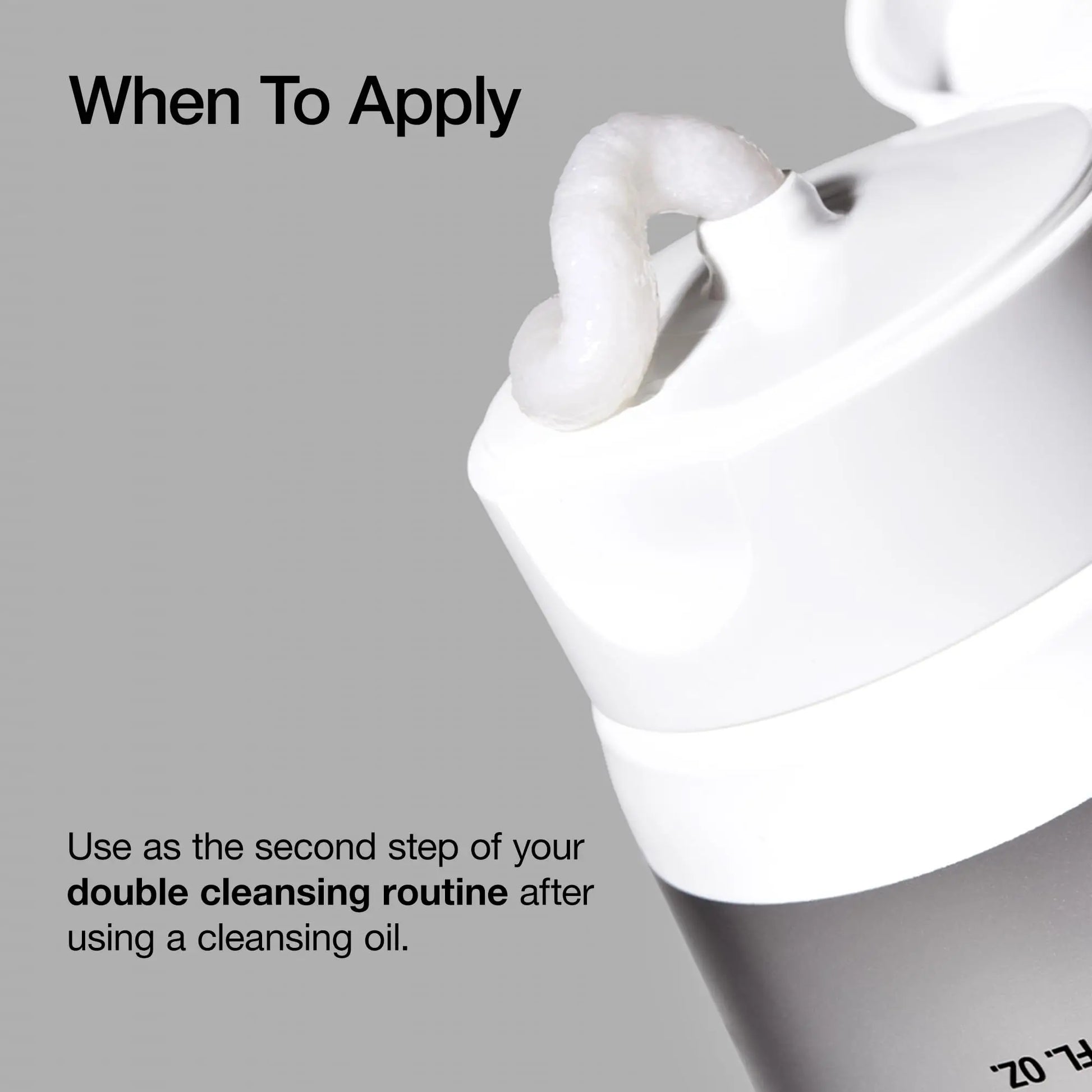 Close-up of a white and gray tube dispensing foam cleanser with text explaining to use Anua 8 hyaluronic acid hydrating gentle foaming cleanser 150ml as the second step in a double cleansing routine after cleansing oil.