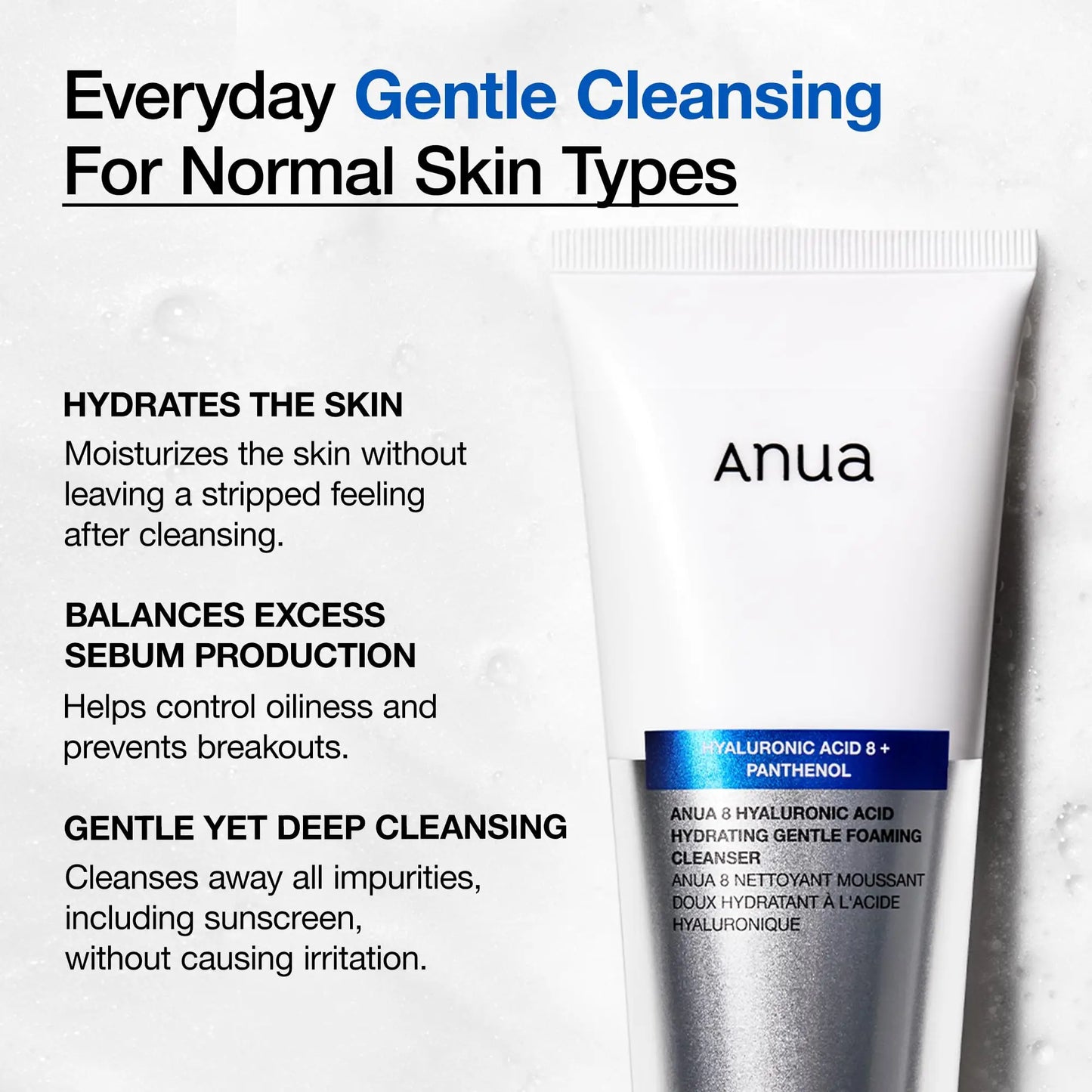 Anua 8 hyaluronic acid hydrating gentle foaming cleanser 150ml tube with text highlighting hydration, sebum balance, and gentle deep cleansing benefits for normal skin types.