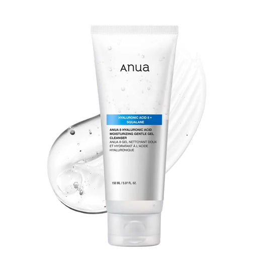 Anua 8 hyaluronic acid moisturizing gentle gel cleanser 150ml in a white tube with clear gel and white cream textures displayed behind it for a hydrating skincare appeal.