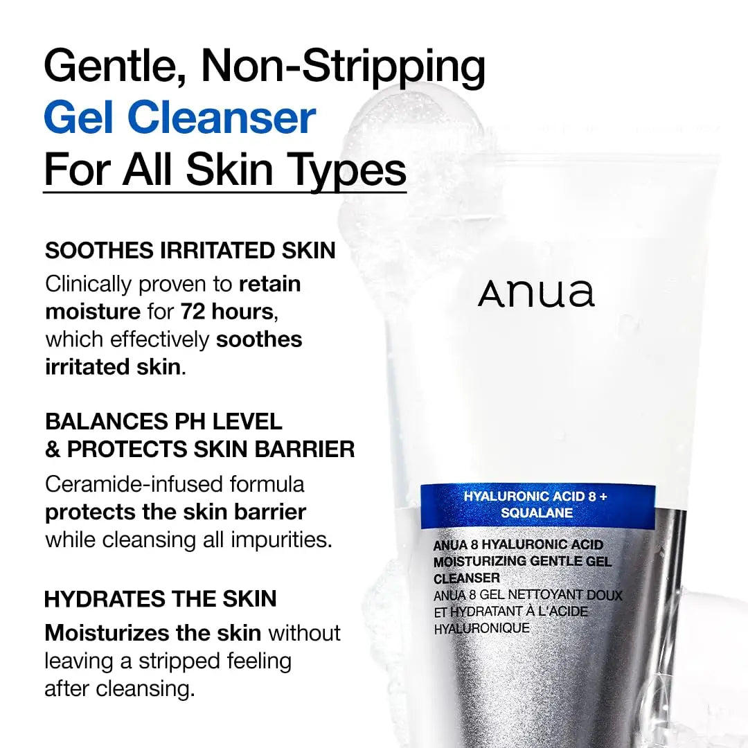 Anua 8 hyaluronic acid moisturizing gentle gel cleanser 150ml packaging with text highlighting its gentle, non-stripping formula suitable for all skin types, hydrating and protecting the skin barrier.