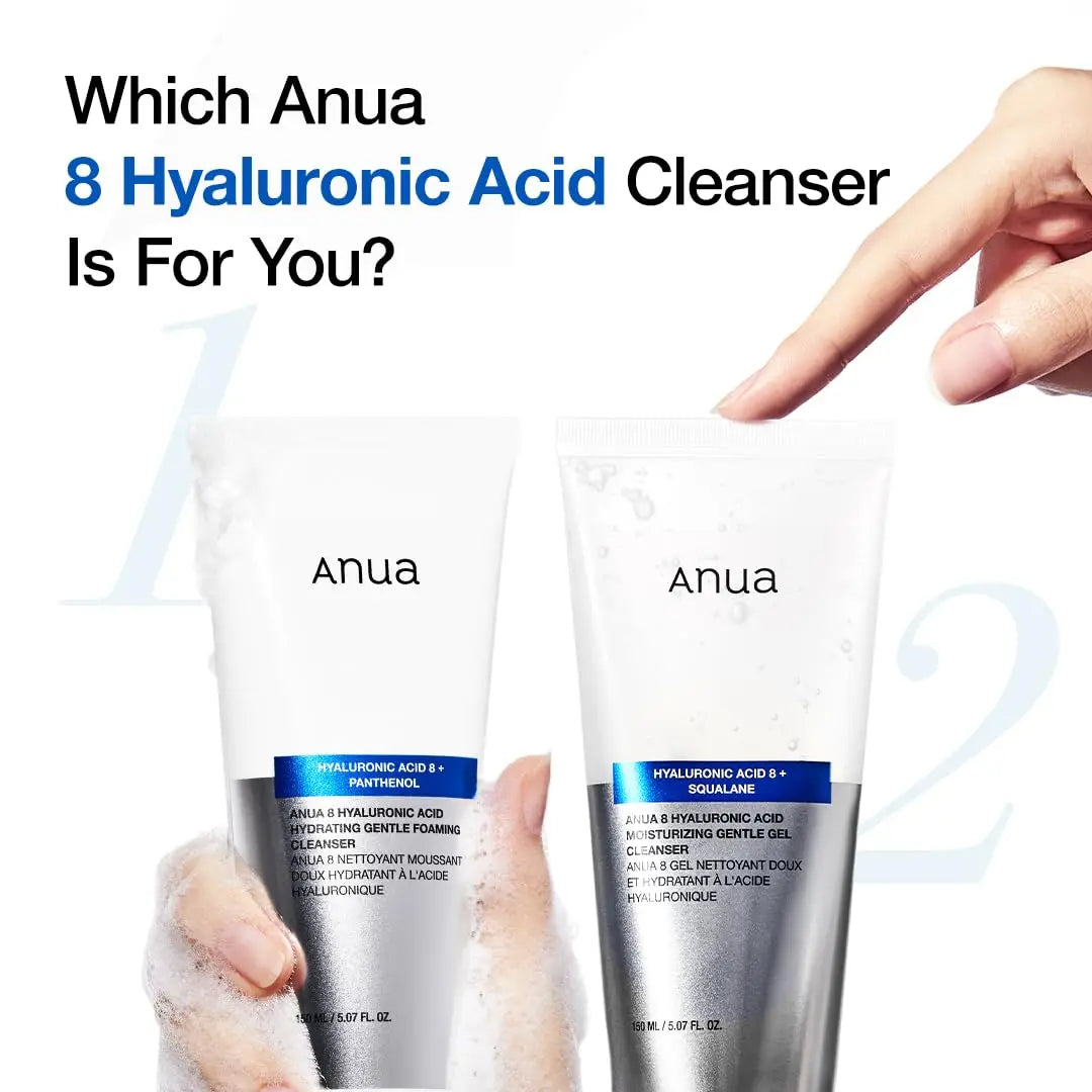 Comparison of two Anua facial cleansers highlighting options with 8 hyaluronic acid, one hydrating gentle foaming cleanser and one moisturizing gentle gel cleanser 150ml, held by hands with foam.