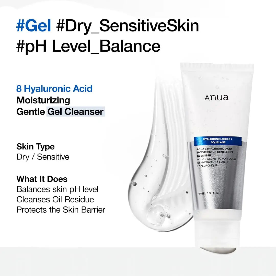 Anua 8 hyaluronic acid moisturizing gentle gel cleanser 150ml tube with clear gel texture and text describing benefits for dry and sensitive skin, balancing pH and cleansing oil residue.