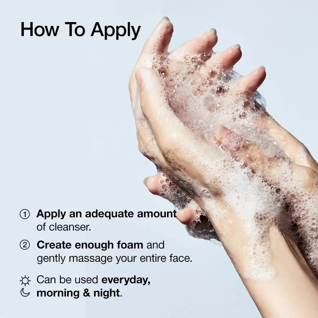Hands covered in foam demonstrating how to apply Anua 8 hyaluronic acid moisturizing gentle gel cleanser 150ml by applying an adequate amount and creating enough foam for gentle face massage morning and night.