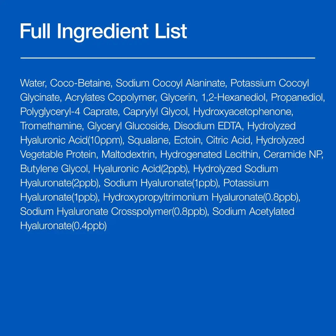Full ingredient list for Anua 8 hyaluronic acid moisturizing gentle gel cleanser 150ml, including water, Coco-Betaine, sodium cocoyl alaninate, potassium cocoyl glycinate, glycerin, hydrolyzed hyaluronic acid, squalane, ceramide NP, and multiple forms of hyaluronate for hydration.