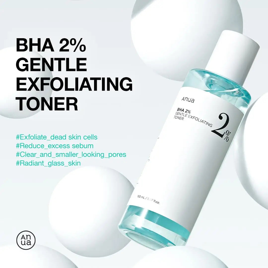 Bottle of ANUA BHA 2% Gentle Exfoliating Toner 150ml with clear liquid inside, displayed against a white background with soft round shapes and bold black text highlighting product features.