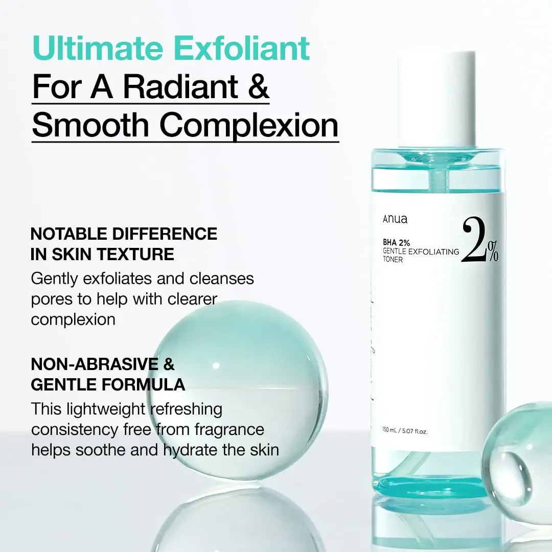 ANUA BHA 2% Gentle Exfoliating Toner 150ml bottle with clear liquid, shown with text highlighting its gentle, non-abrasive formula for radiant, smooth complexion and clearer skin pores.