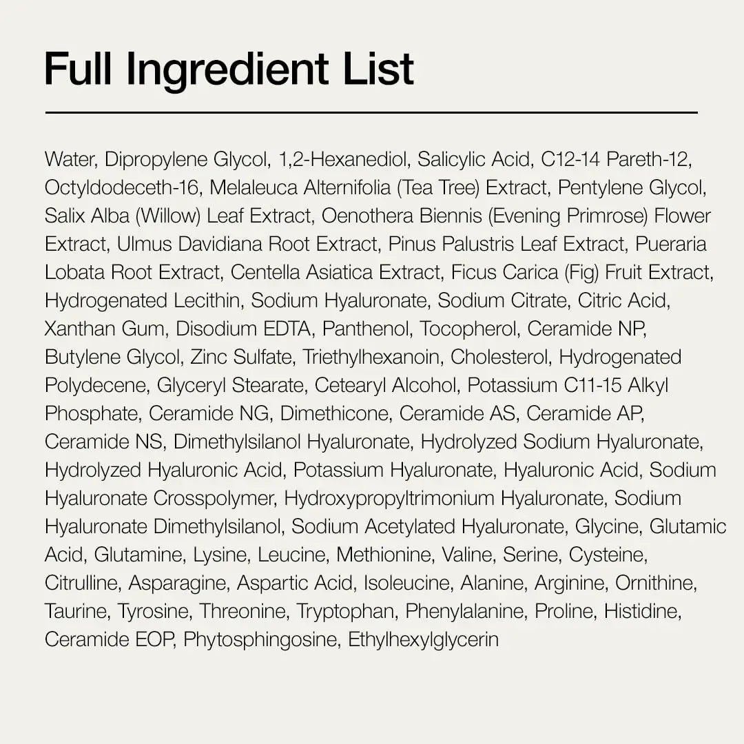 Full ingredient list for ANUA BHA 2% Gentle Exfoliating Toner 150ml including water, salicylic acid, tea tree extract, willow leaf extract, evening primrose flower extract, centella asiatica extract, sodium hyaluronate, ceramides, and various peptides and amino acids for gentle exfoliation and hydration.
