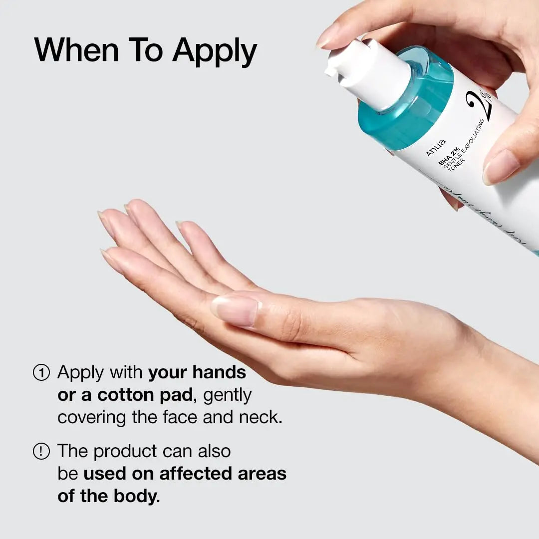 Hand dispensing ANUA BHA 2% Gentle Exfoliating Toner 150ml with instructions to apply with hands or cotton pad on face, neck, and affected body areas.