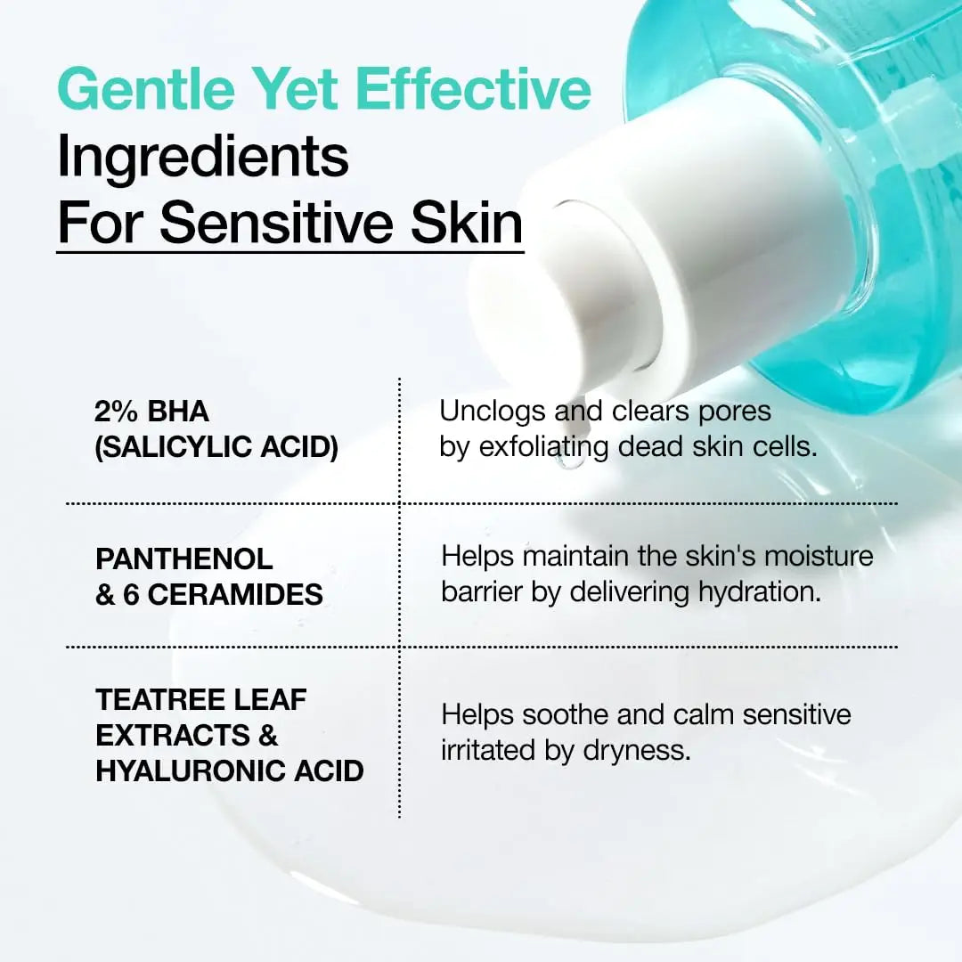 Close-up of a bottle dispensing clear liquid next to text highlighting gentle yet effective ingredients for sensitive skin, including 2% BHA salicylic acid, panthenol with ceramides, and tea tree leaf extracts with hyaluronic acid for the ANUA BHA 2% Gentle Exfoliating Toner 150ml.