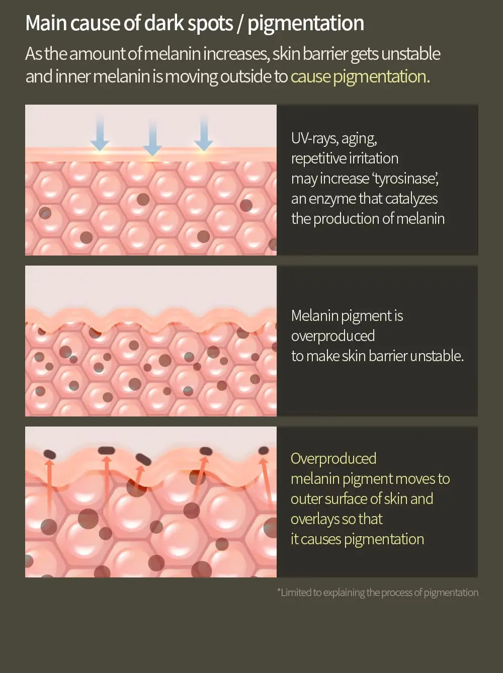 Diagram explaining the main cause of dark spots and pigmentation in skin, showing increased melanin production, unstable skin barrier, and melanin moving to the outer skin surface, related to Anua Green Lemon Vitamin C Blemish Serum 20ml.