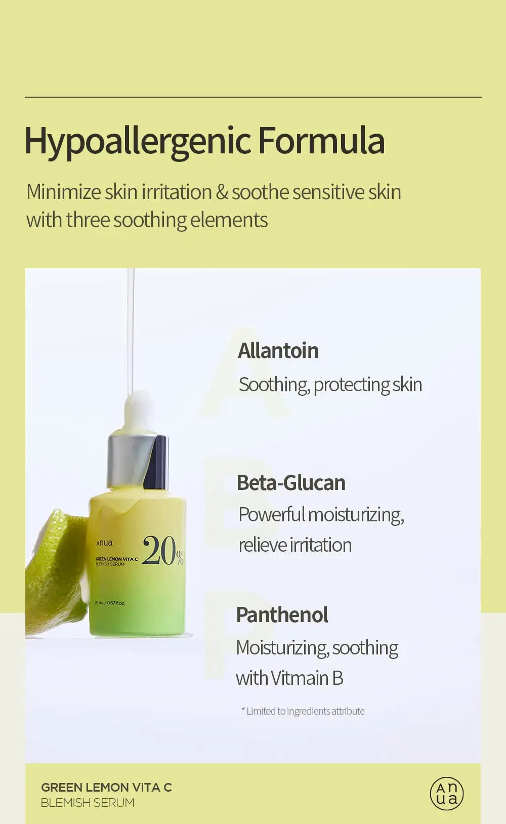 Anua Green Lemon Vitamin C Blemish Serum 20ml bottle with dropper and lemon slice, highlighting hypoallergenic formula with allantoin, beta-glucan, and panthenol for soothing and moisturizing sensitive skin.