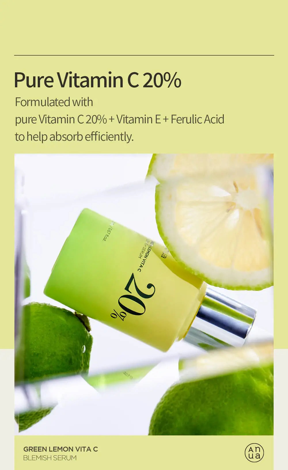 Anua Green Lemon Vitamin C Blemish Serum 20ml bottle displayed with fresh green lemons and a lemon slice, highlighting its pure Vitamin C 20% formula with Vitamin E and Ferulic Acid.