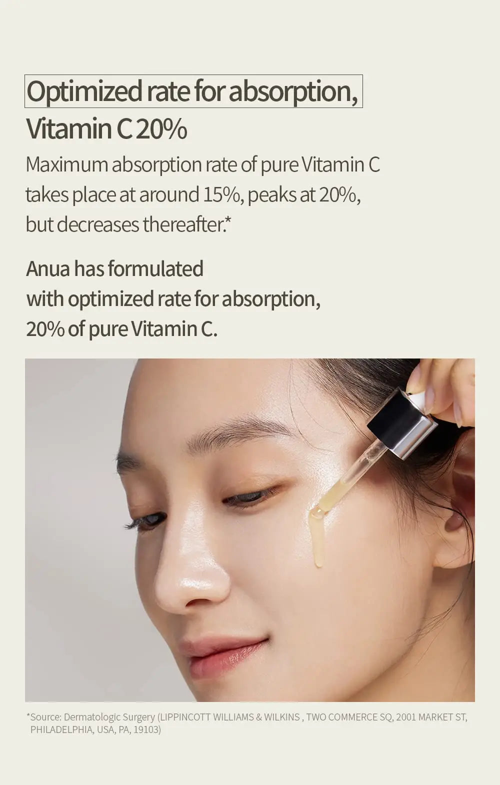 Close-up of a woman applying Anua Green Lemon Vitamin C Blemish Serum 20ml to her cheek with a dropper, showcasing smooth, glowing skin and the serum's optimized 20% vitamin C absorption formula.