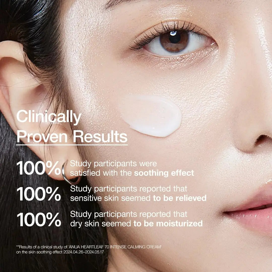 Close-up of a woman's face with a visible application of ANUA Heartleaf 70 Intense Calming Cream with Ceramide 50ml on her cheek, highlighting smooth, moisturized skin and soothing effects.