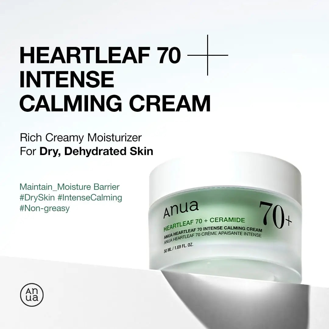 ANUA Heartleaf 70 Intense Calming Cream with Ceramide 50ml jar displayed on a white surface with text highlighting its rich, non-greasy moisturizer for dry, dehydrated skin.