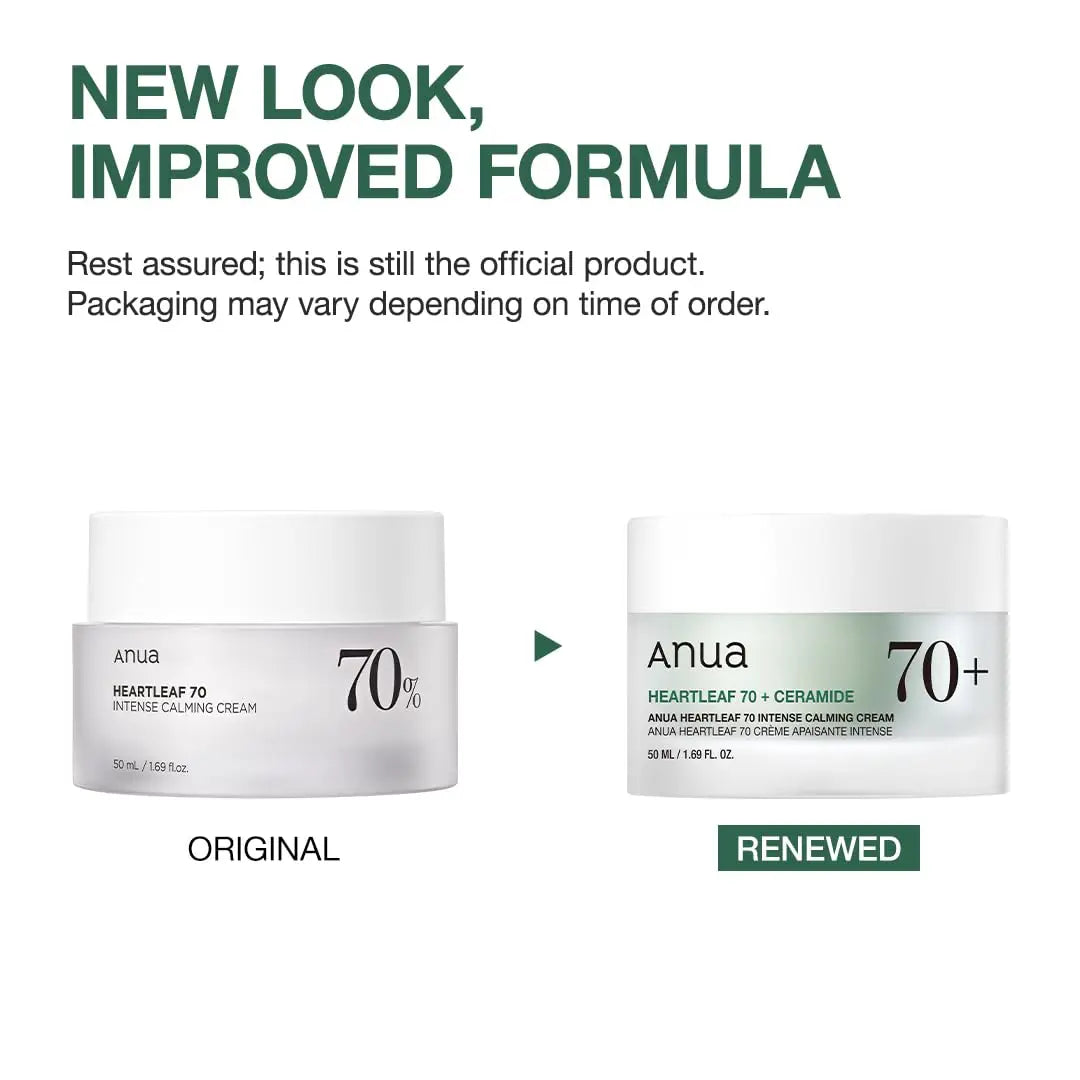 Comparison image showing the original and renewed packaging of ANUA Heartleaf 70 Intense Calming Cream with Ceramide 50ml, highlighting the new look and improved formula.