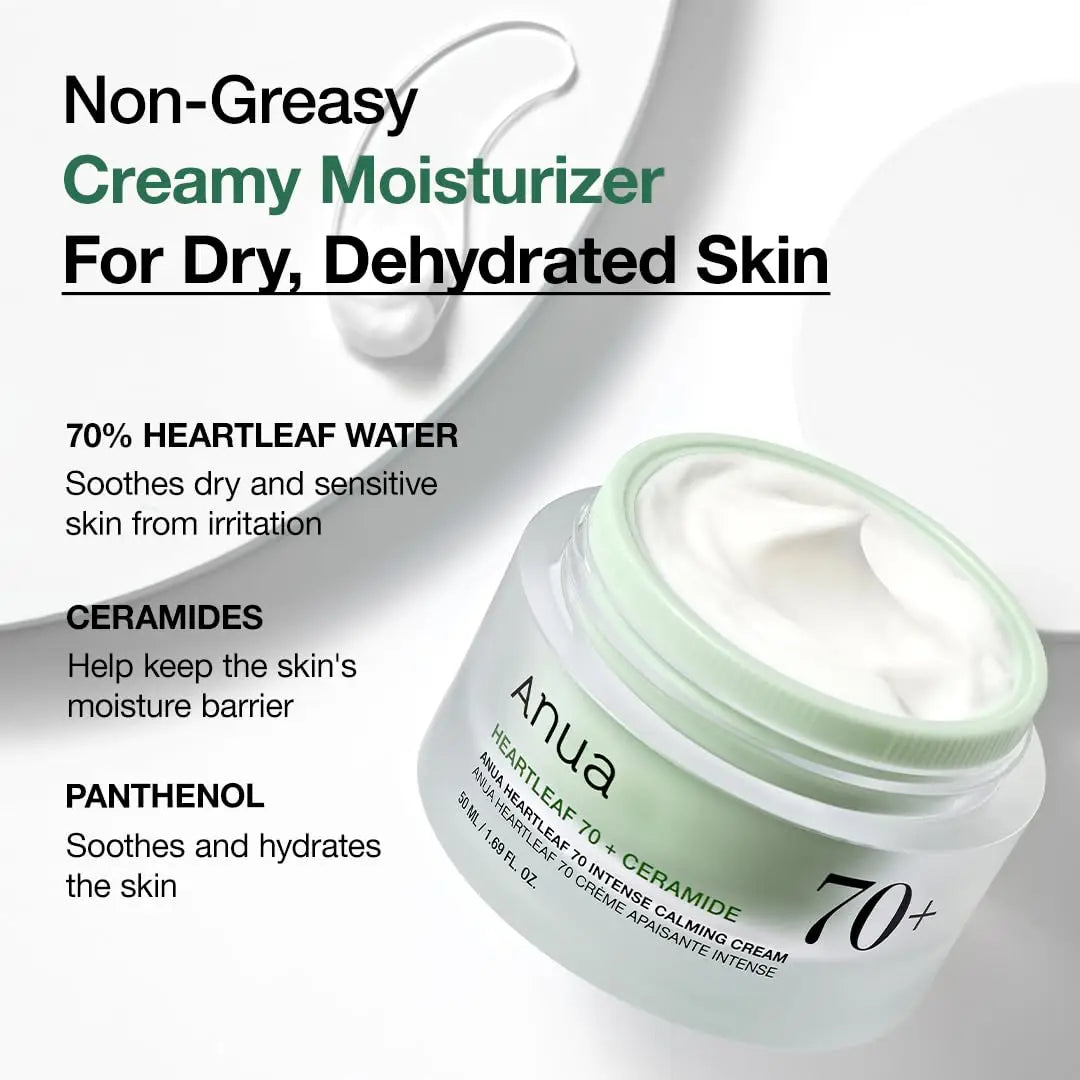 Open jar of ANUA Heartleaf 70 Intense Calming Cream with Ceramide 50ml showing smooth white cream texture alongside text highlighting its non-greasy, creamy moisturizer benefits for dry, dehydrated skin with 70% heartleaf water, ceramides, and panthenol.