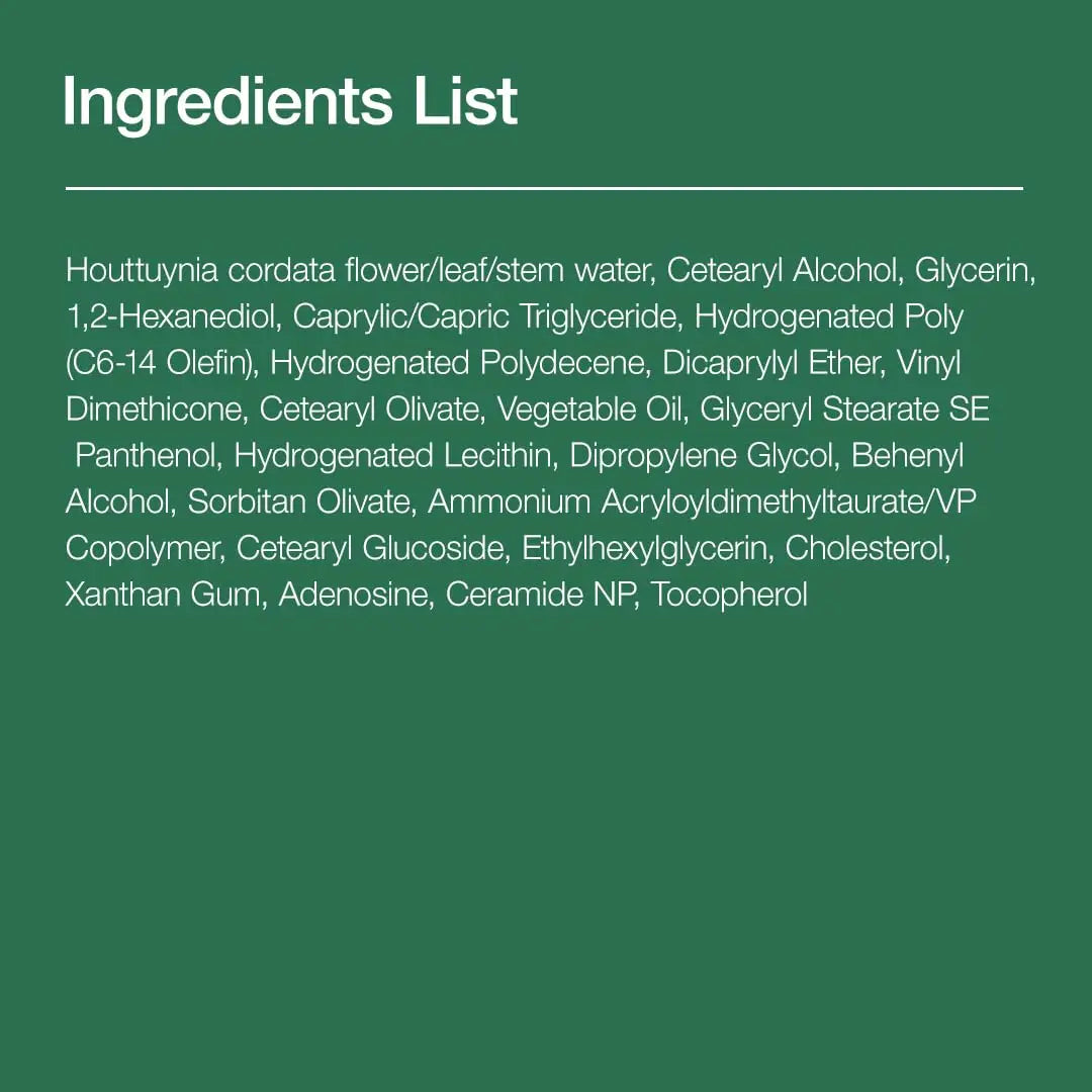 Ingredients list for ANUA Heartleaf 70 Intense Calming Cream with Ceramide 50ml including Houttuynia cordata flower, leaf, stem water, ceramide NP, glycerin, vegetable oil, panthenol, adenosine, and tocopherol.