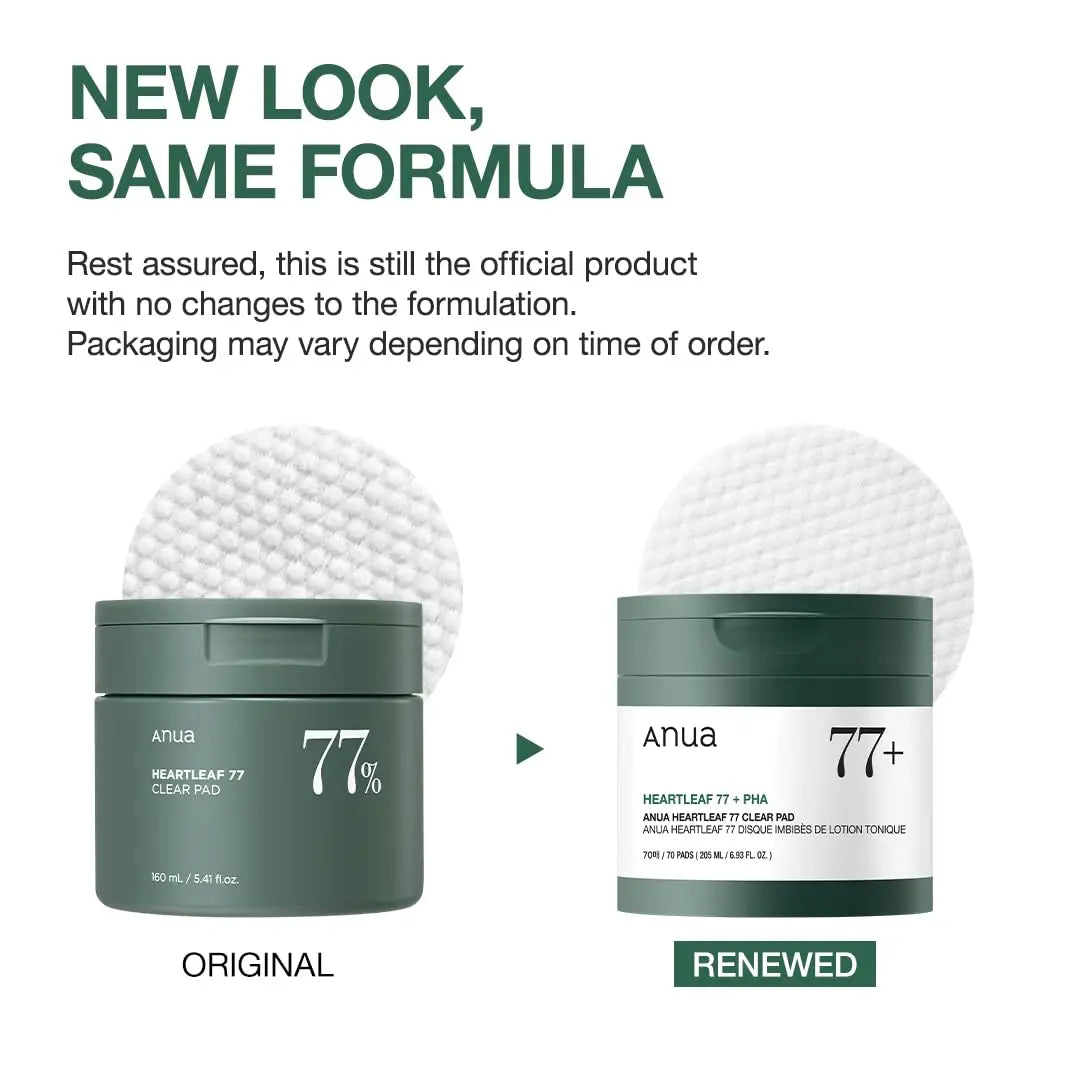 Comparison image showing the original and renewed packaging of ANUA Heartleaf 77 Clear Pad with a textured close-up of the pad surface, emphasizing the same formula with updated container design.