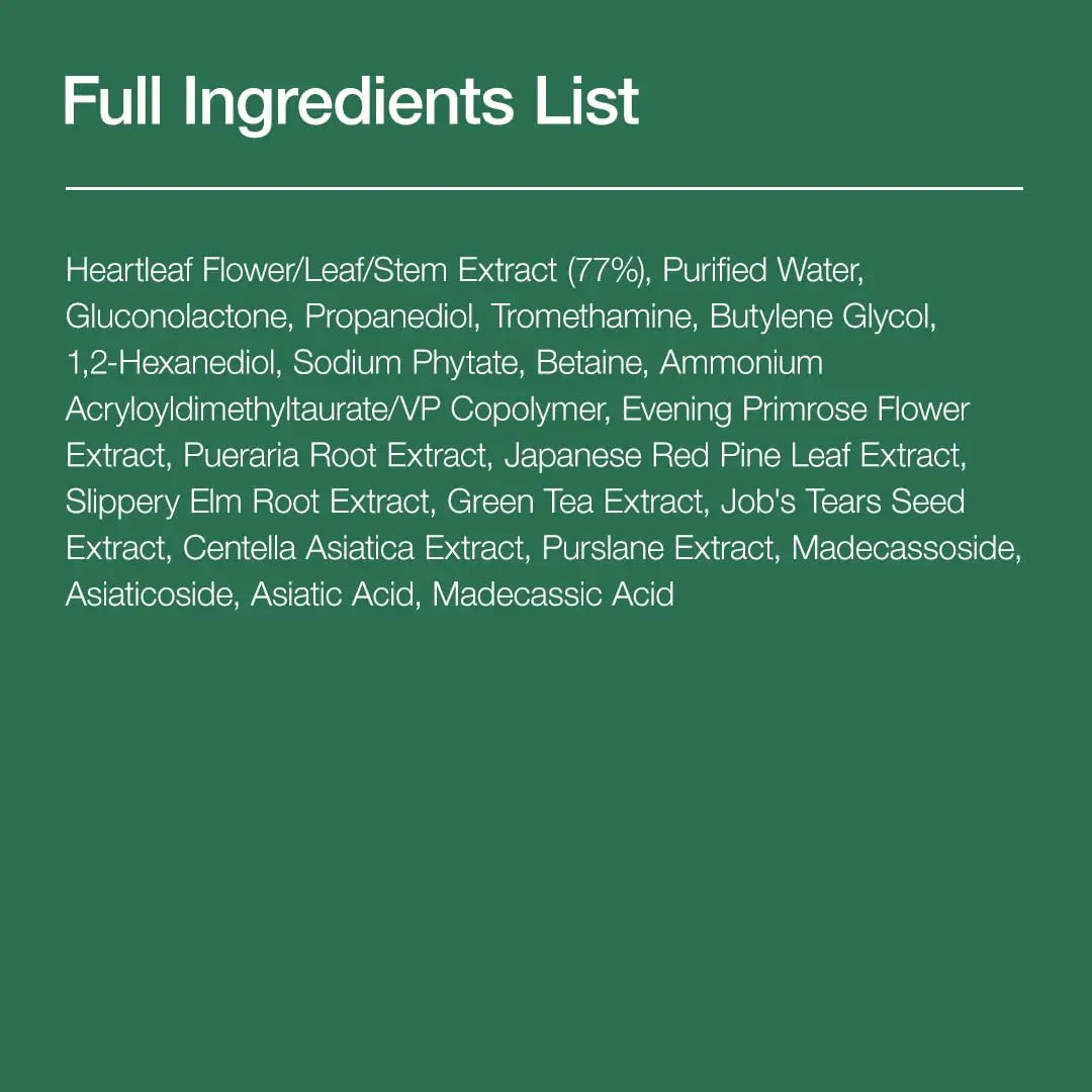 Full ingredients list for ANUA Heartleaf 77 Clear Pad including Heartleaf Flower/Leaf/Stem Extract 77%, purified water, gluconolactone, propanediol, tromethamine, butylene glycol, and various botanical extracts like green tea and centella asiatica.
