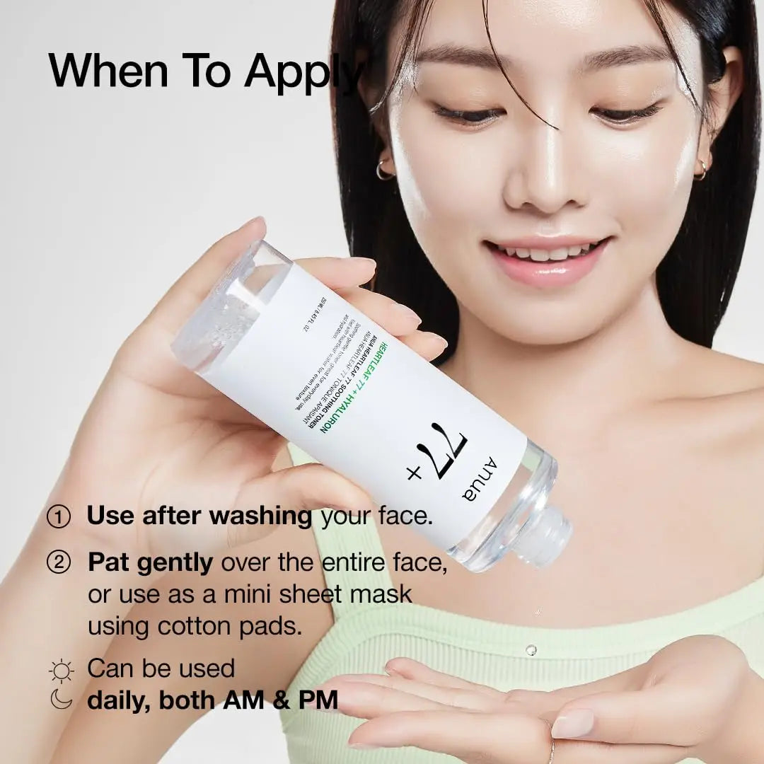 A young woman with clear skin holds a bottle of Anua Heartleaf 77 Soothing Toner, demonstrating how to apply the toner by pouring it onto her palm with application instructions visible beside her.