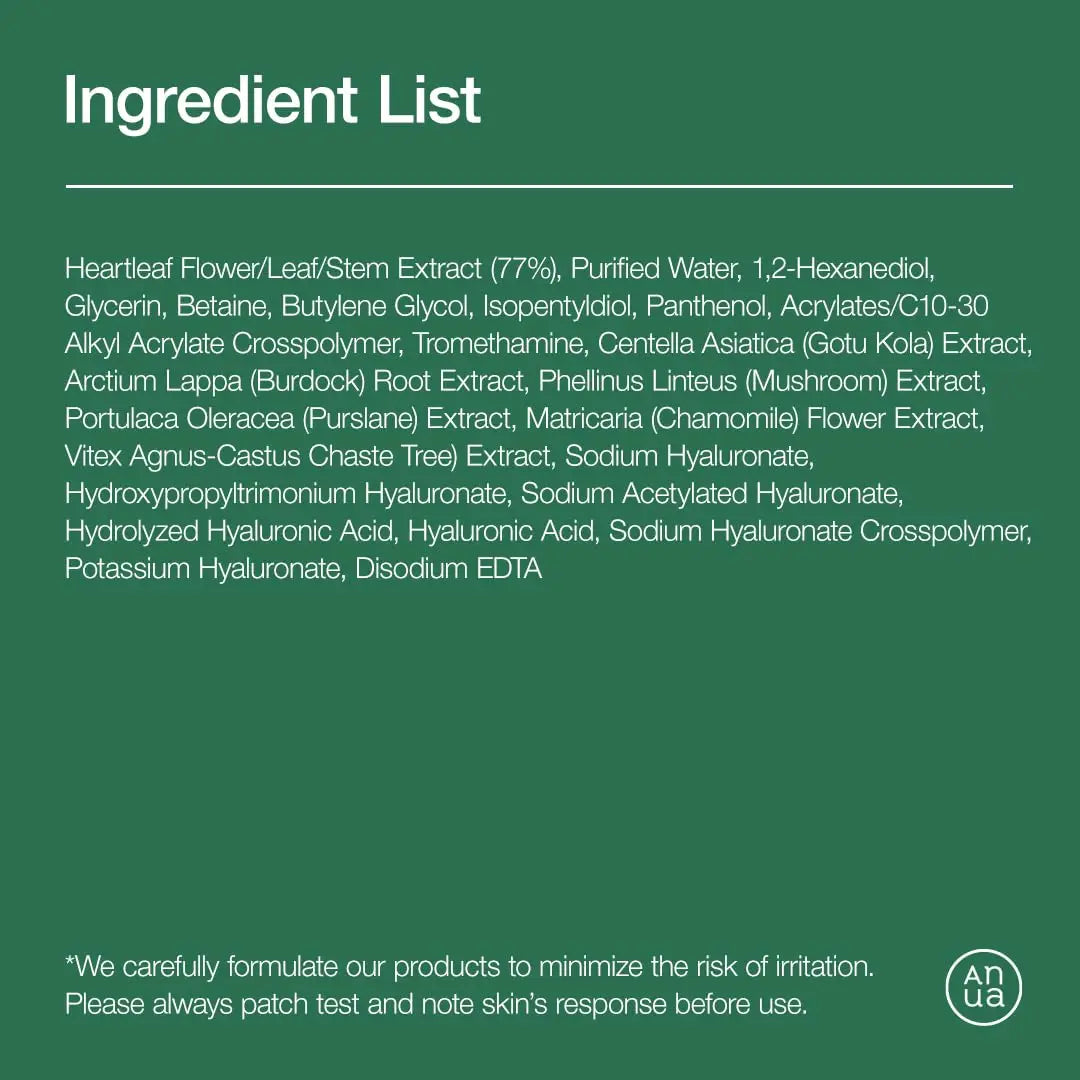 Ingredient list for Anua Heartleaf 77 Soothing Toner showing natural extracts including heartleaf, centella asiatica, burdock root, mushroom, purslane, chamomile, and witch hazel in a soothing formula.
