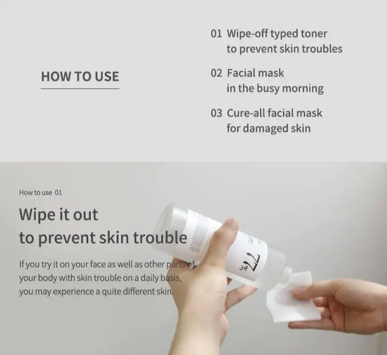Hands holding a bottle of Anua Heartleaf 77 Soothing Toner and a cotton pad demonstrating how to use the toner to prevent skin trouble with instruction text in the background.