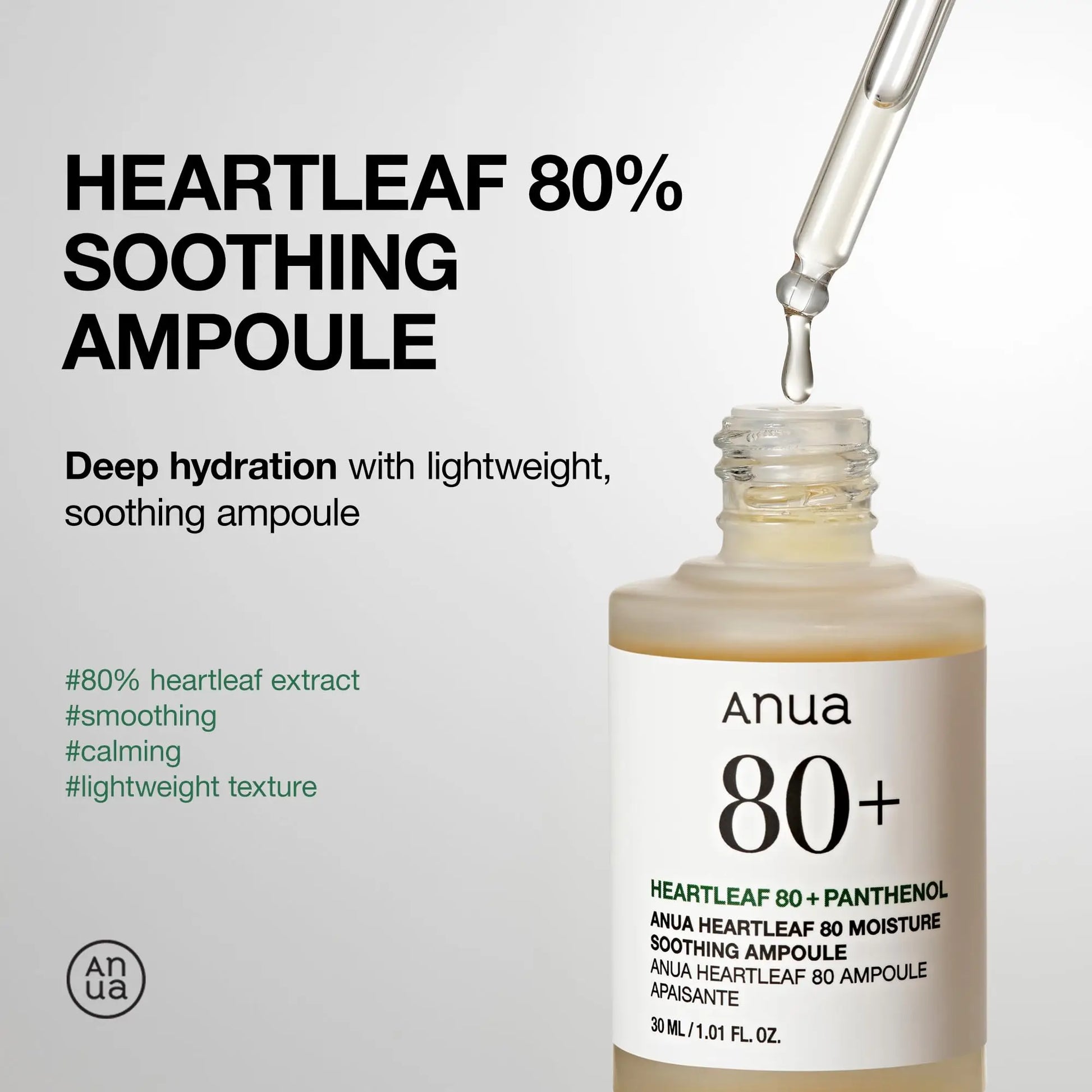 An open bottle of Anua Heartleaf 80 Soothing Ampoule 30ml with a dropper releasing a drop above it, highlighting its lightweight, soothing, and calming hydrating formula.