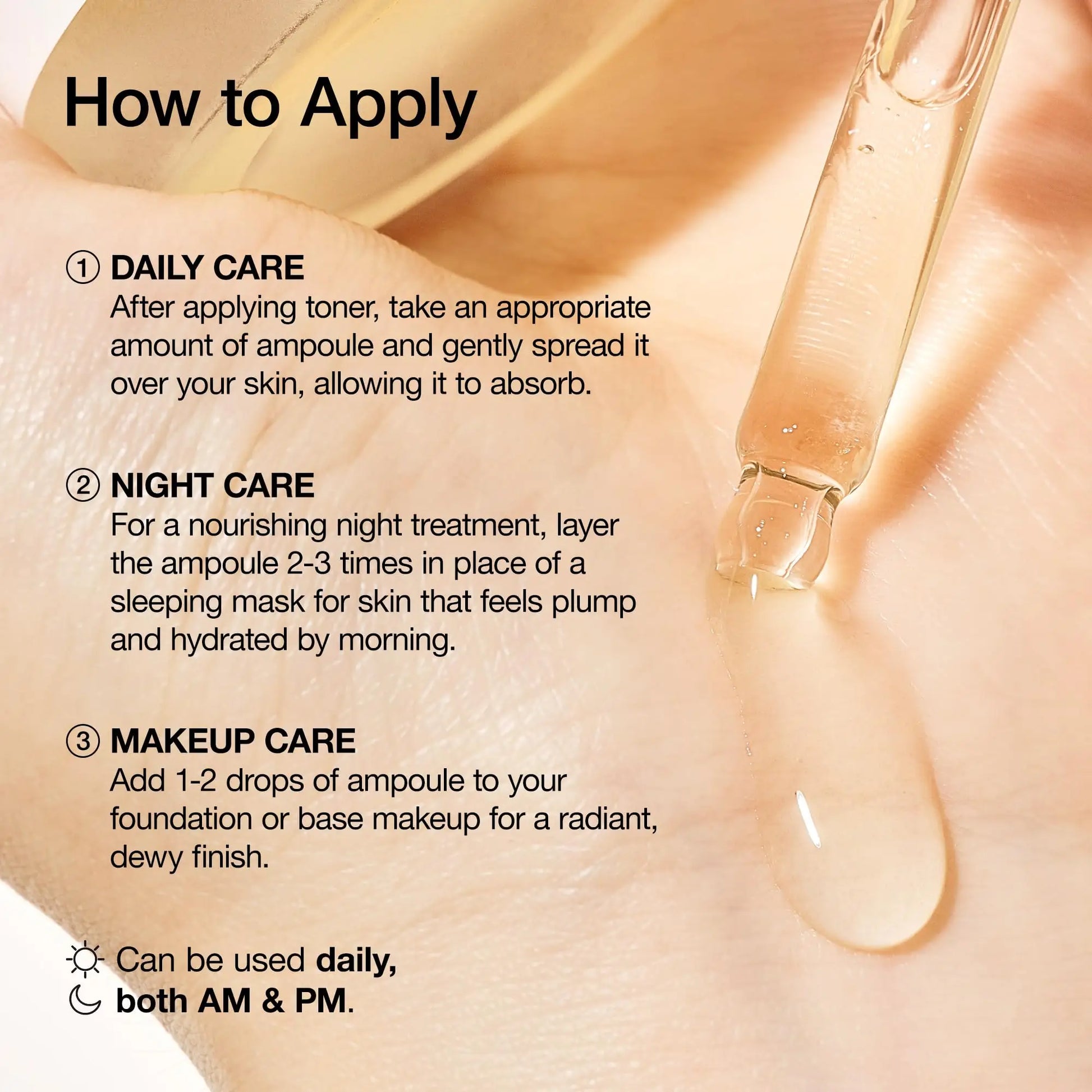 Instructions for how to apply Anua Heartleaf 80 Soothing Ampoule 30ml with a close-up of a dropper releasing serum onto skin, demonstrating daily, night, and makeup care steps.