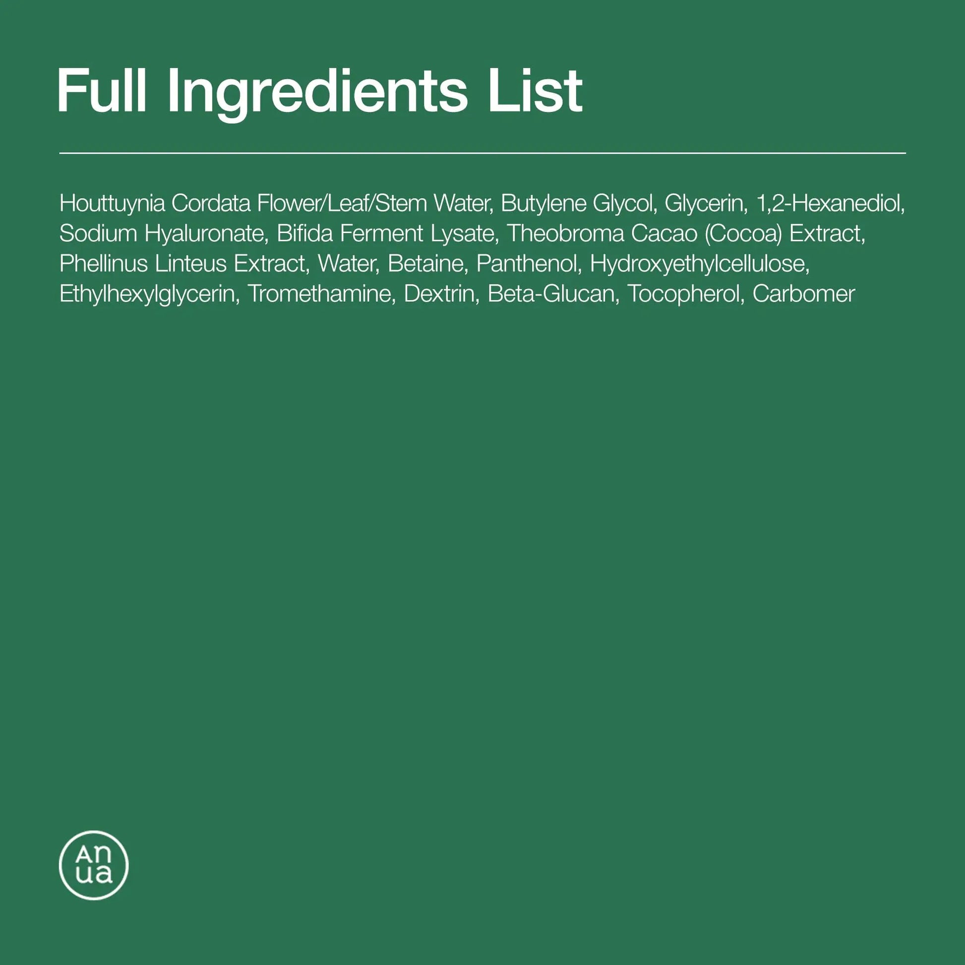 Full ingredients list of Anua Heartleaf 80 Soothing Ampoule 30ml on a green background, detailing botanical extracts, hyaluronic acid, beta-glucan, and soothing agents for skin care.
