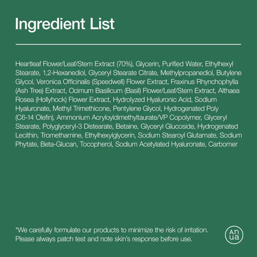 Ingredient list for Anua Heartleaf Daily Lotion 200ml showing natural extracts like heartleaf, basil, hollyhock, and hyaluronic acid alongside moisturizing and soothing components on a green background.