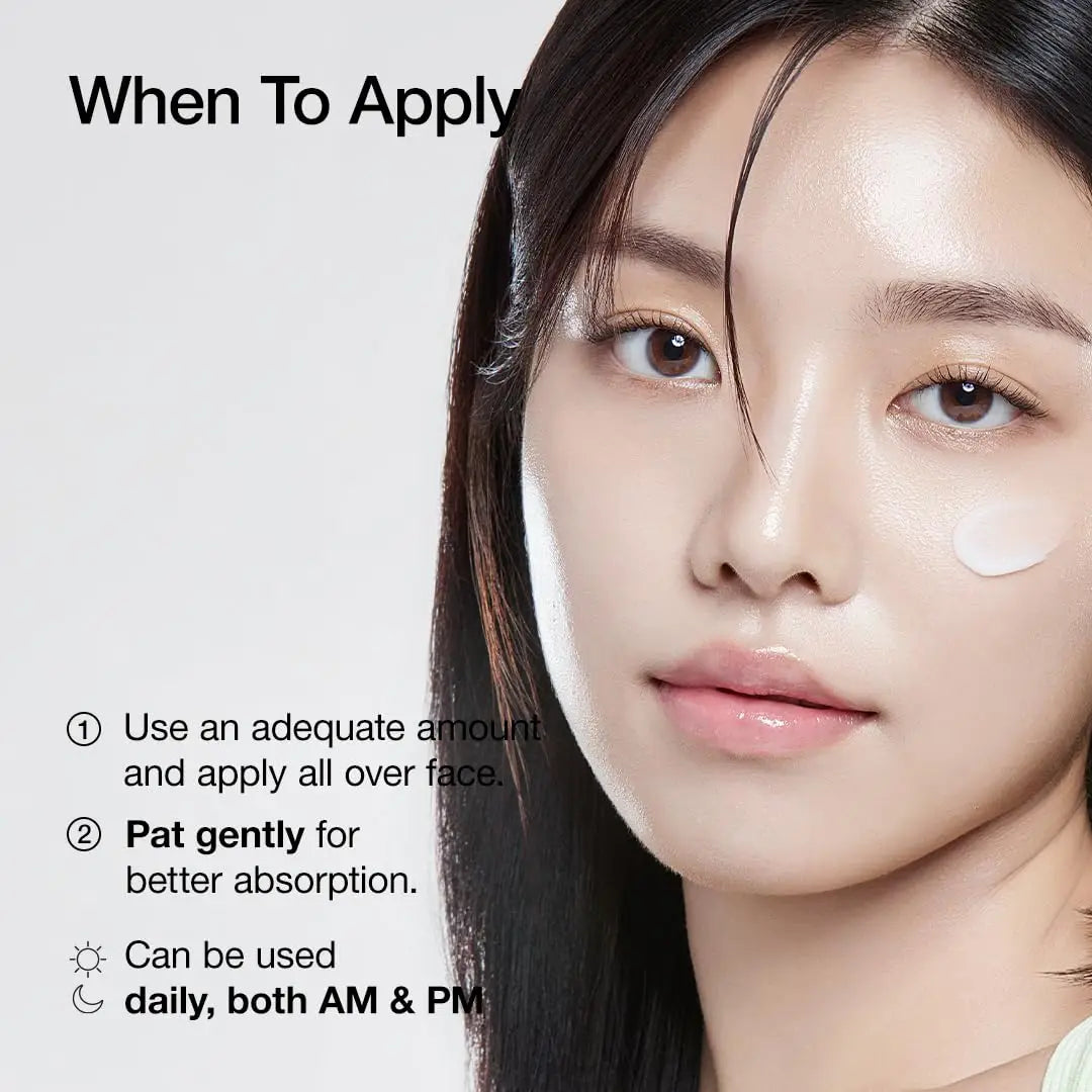 Close-up of a woman with clear skin applying Anua Heartleaf Daily Lotion 200ml to her cheek, accompanied by text instructions on how and when to apply the lotion daily for better absorption.