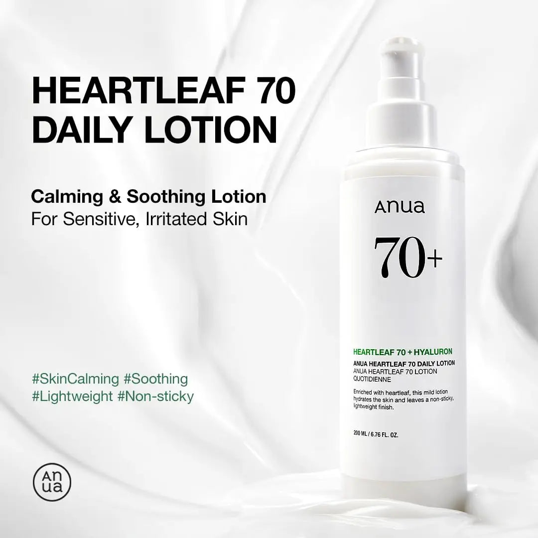 Anua Heartleaf Daily Lotion 200ml bottle displayed on a smooth white background with text highlighting its calming and soothing properties for sensitive, irritated skin.
