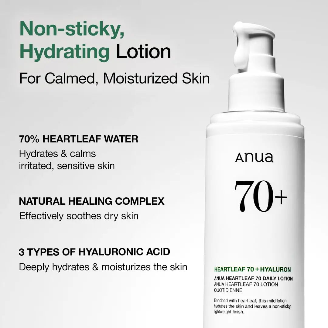 Anua Heartleaf Daily Lotion 200ml with 70% heartleaf water and three types of hyaluronic acid, offering non-sticky hydration for calm, moisturized, and sensitive skin.