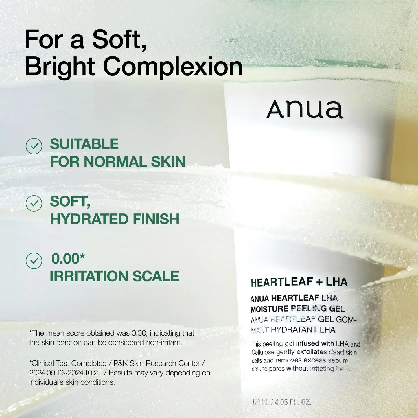 Anua ANUA Heartleaf LHA Moisture Peeling Gel 120ml in white packaging highlighting soft, hydrated finish and suitability for normal skin with zero irritation score for a bright complexion.
