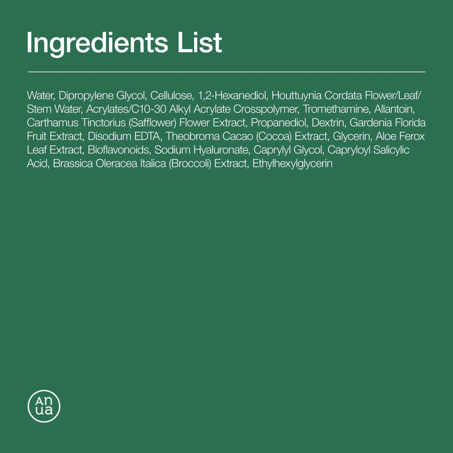Ingredients list for Anua ANUA Heartleaf LHA Moisture Peeling Gel 120ml displayed on a green background with white text, featuring natural plant and fruit extracts.
